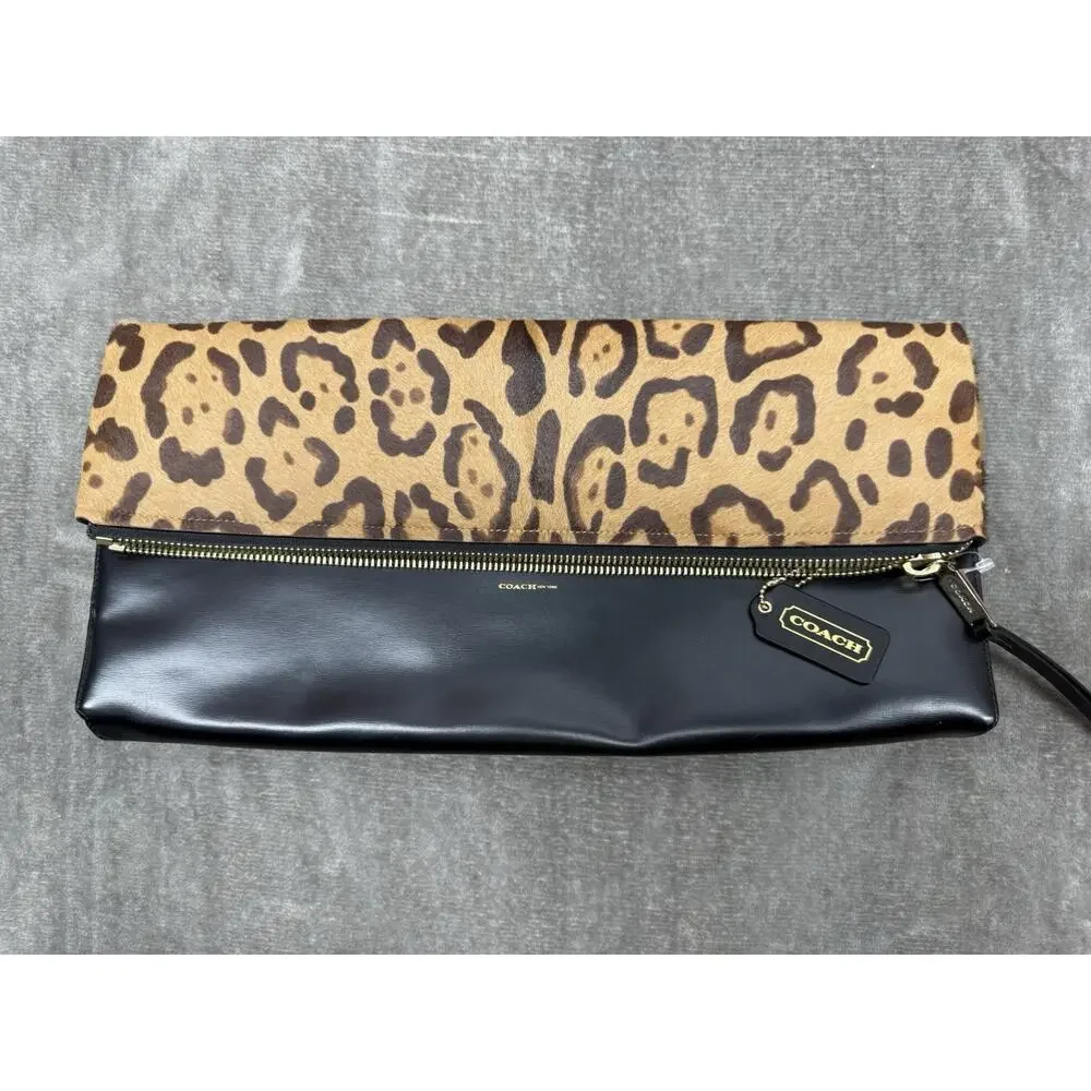 NEW Coach Leopard Pony Hair Foldover Clutch Wristlet Leather Sample Sale